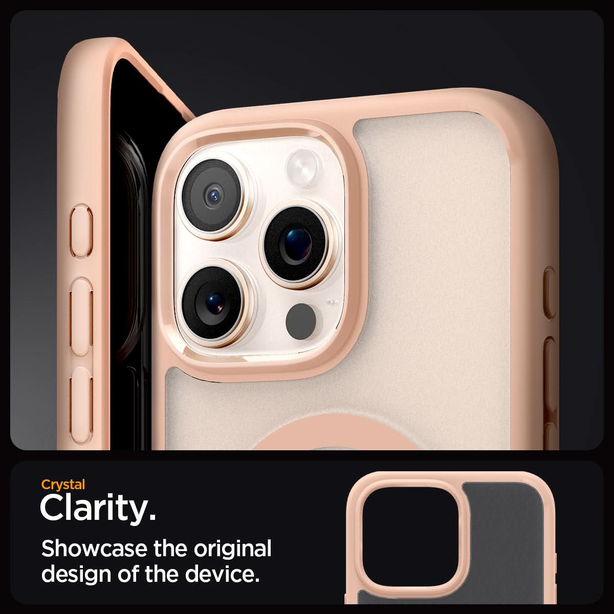 ACS08694 - iPhone 16 Pro Case Ultra Hybrid (MagFit) in Frost Rose Titanium crystal clarity. Showcase the original design of the device.