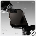 ACS08012 - iPhone 16 Pro Max Case Tough Armor AI (MagFit) in Gunmetal has tough design and showing between the rock.