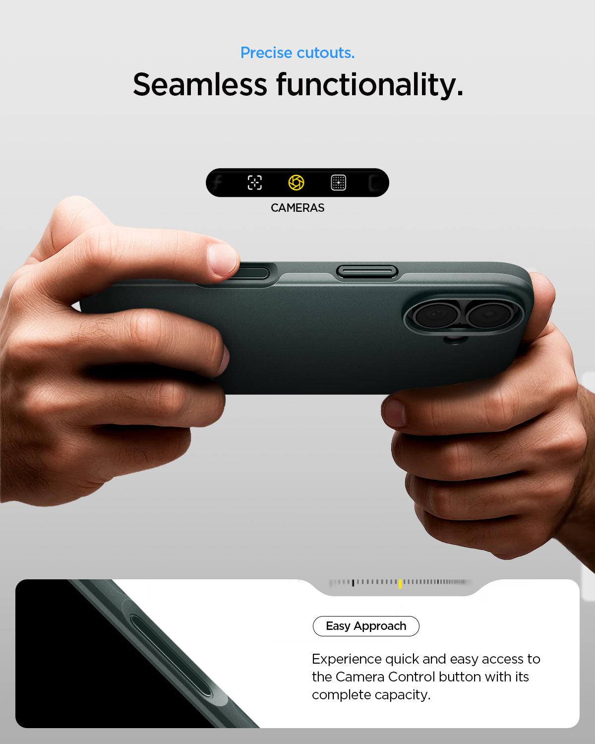 ACS09970 - iPhone 17 Thin Fit (MagFit) in Abyss Green showing precise cutouts. seamless functionality. Easy approach Experience quick and easy access to the camera control button with its complete capacity.