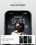 ACS09970 - iPhone 17 Thin Fit (MagFit) in Abyss Green showing magfit compatible. snap into magfit. upgrade your daily carry with magfit to unlock more with the spigen ecosystem