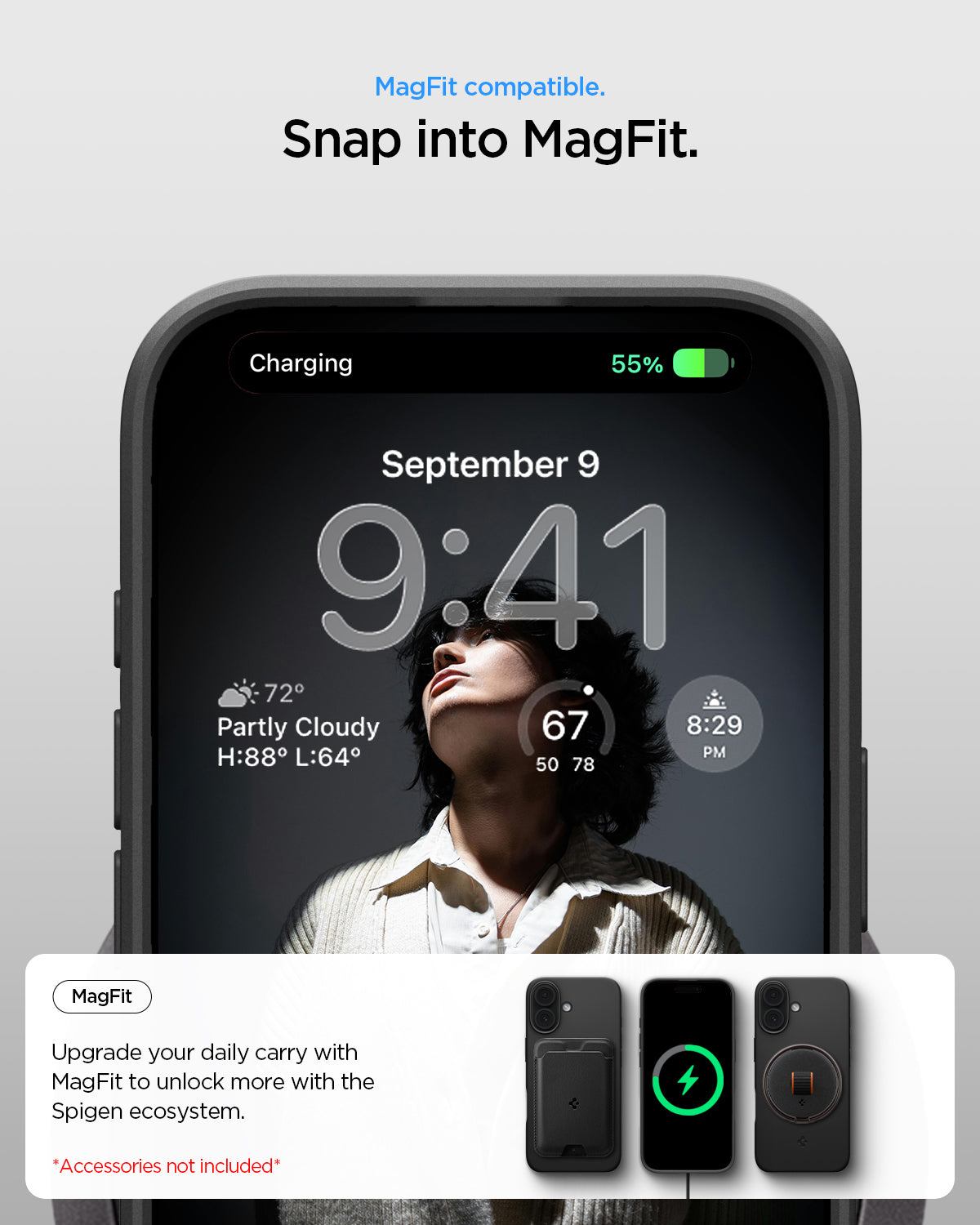 ACS09969 - iPhone 17 Thin Fit (MagFit) in Black showing magfit compatible. snap into magfit. upgrade your daily carry with magfit to unlock more with the spigen ecosystem