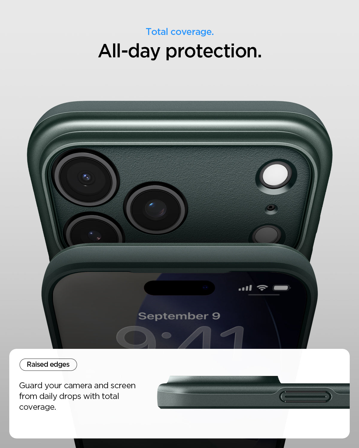 ACS09935 - iPhone 17 Pro Thin Fit (MagFit) in Abyss Green showing total coverage. All day protection. Raised edges. guard your camera and screen from daily drops with total coverage.
