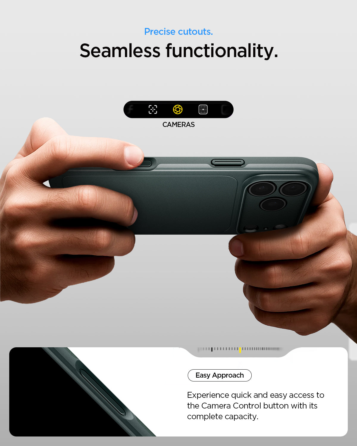 ACS09935 - iPhone 17 Pro Thin Fit (MagFit) in Abyss Green showing precise cutouts. seamless functionality. Easy approach Experience quick and easy access to the camera control button with its complete capacity.