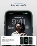 ACS09935 - iPhone 17 Pro Thin Fit (MagFit) in Abyss Green showing magfit compatible. snap into magfit. upgrade your daily carry with magfit to unlock more with the spigen ecosystem