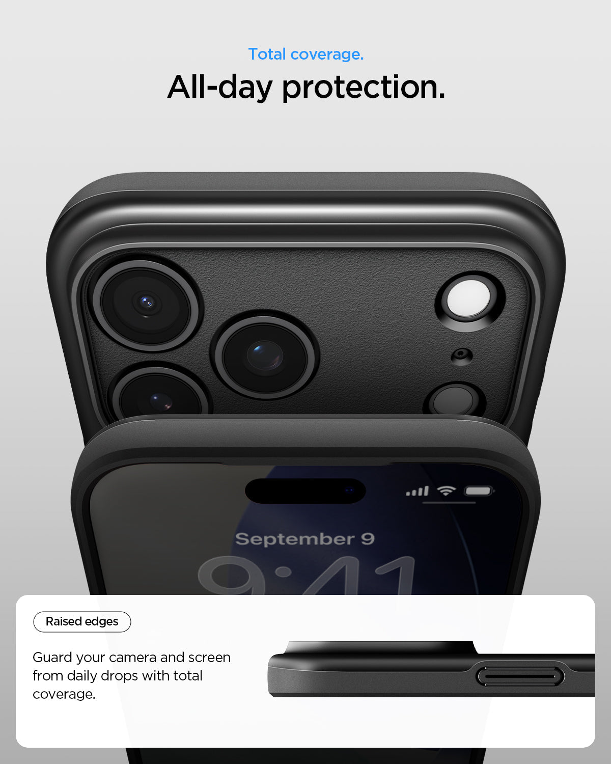 ACS09879 - iPhone 17 Pro Max Thin Fit (MagFit) in black showing total coverage. All day protection. Raised edges. guard your camera and screen from daily drops with total coverage.