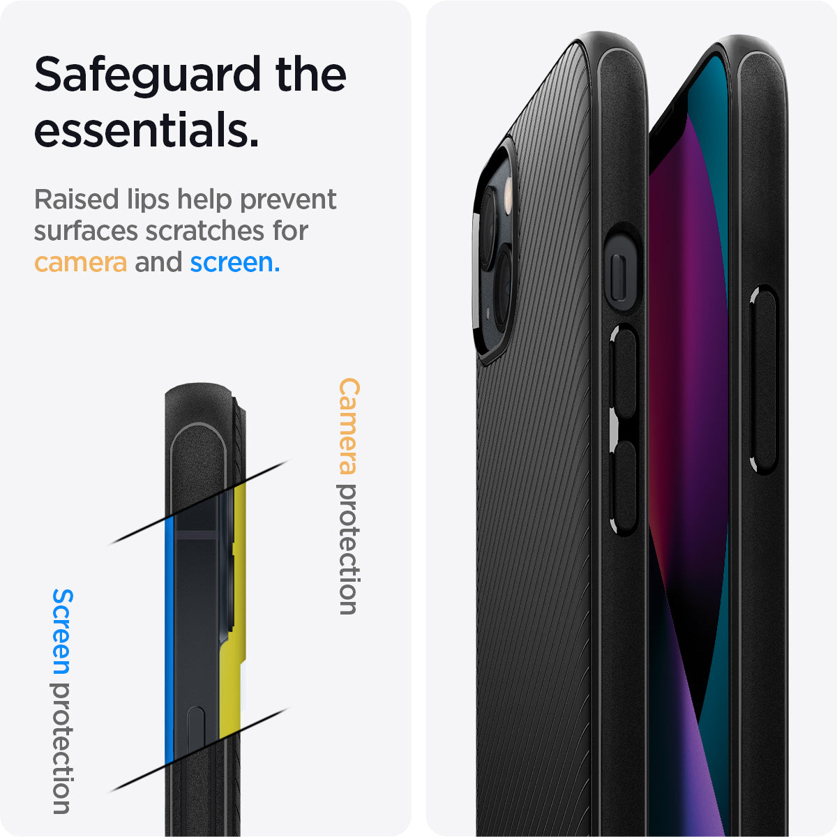 ACS03680 - iPhone 13 Mini Case Mag Armor in black showing the raised lips help prevent surfaces scratches for camera and screen. Camera protection and Screen protection