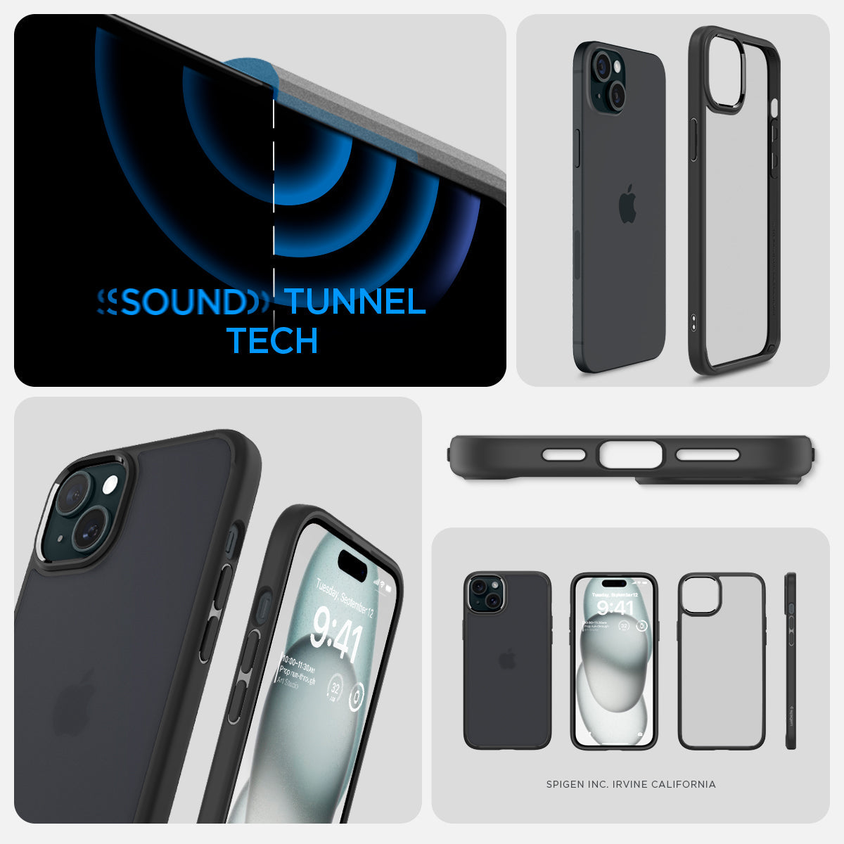 ACS06797 - iPhone 15 Case Ultra Hybrid in frost black showing the different angles with sound tunnel tech