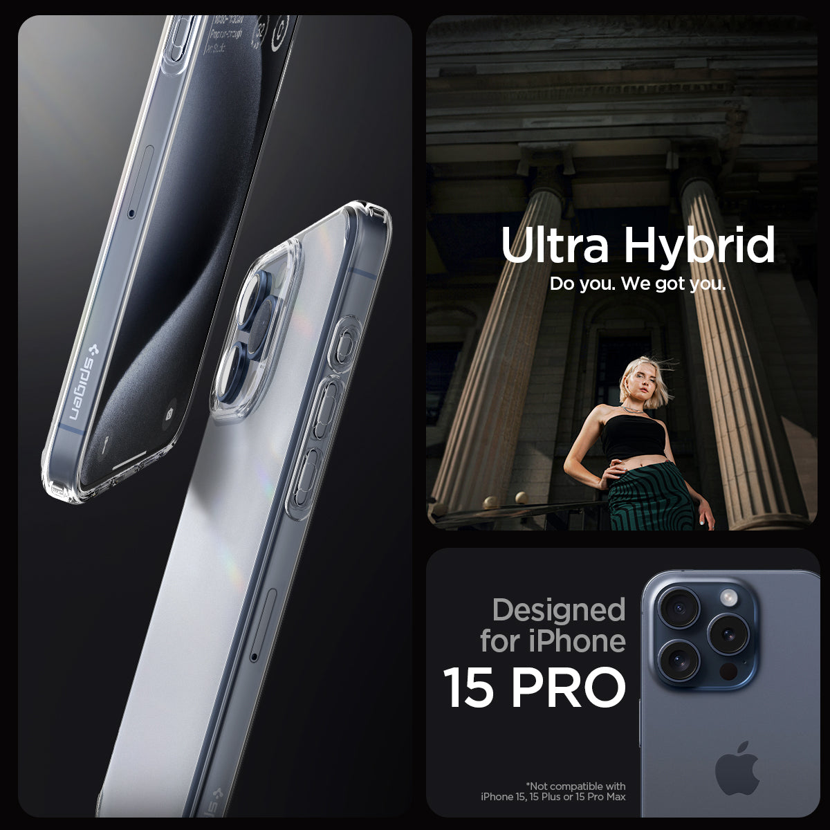 ACS06708 - iPhone 15 Pro Case Ultra Hybrid in frost clear showing the compatibility only with iPhone 15 Pro. Not compatible with iPhone 15 | 15 Plus or 15 Pro Max