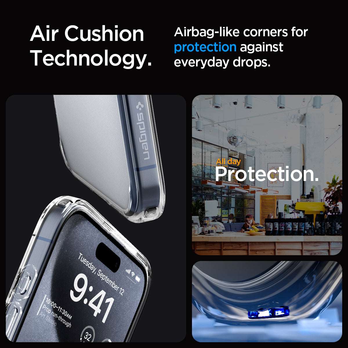 ACS06708 - iPhone 15 Pro Case Ultra Hybrid in frost clear showing the air cushion technology. Airbag-like corners for protection against everyday drops