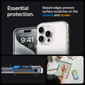 ACS06708 - iPhone 15 Pro Case Ultra Hybrid in frost clear showing the essential protection. Raised edges prevent surface scratches on the camera and screen