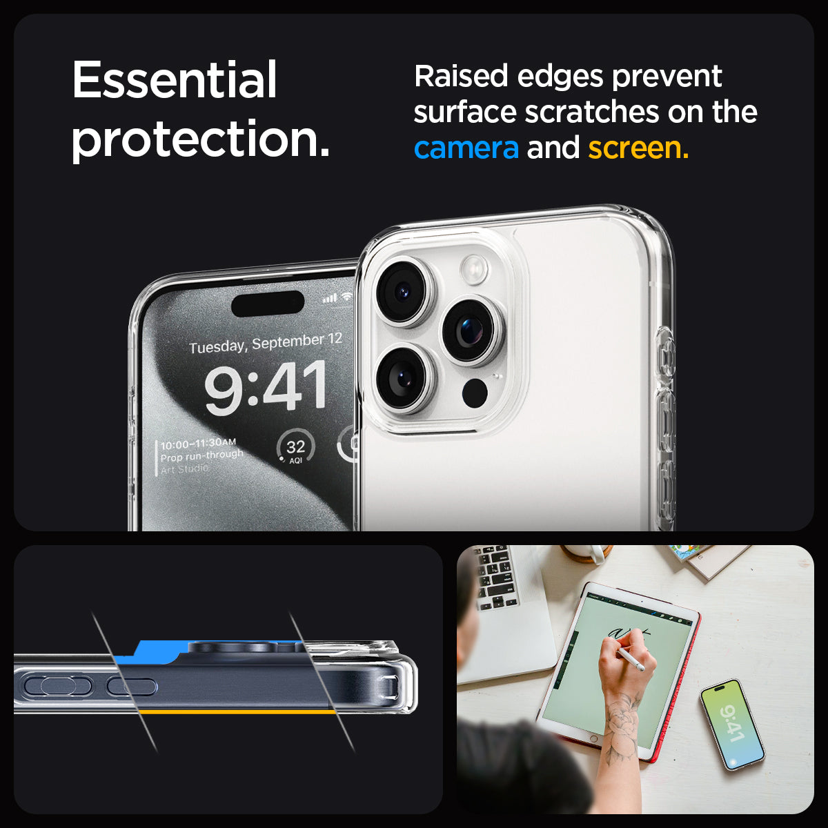 ACS06708 - iPhone 15 Pro Case Ultra Hybrid in frost clear showing the essential protection. Raised edges prevent surface scratches on the camera and screen