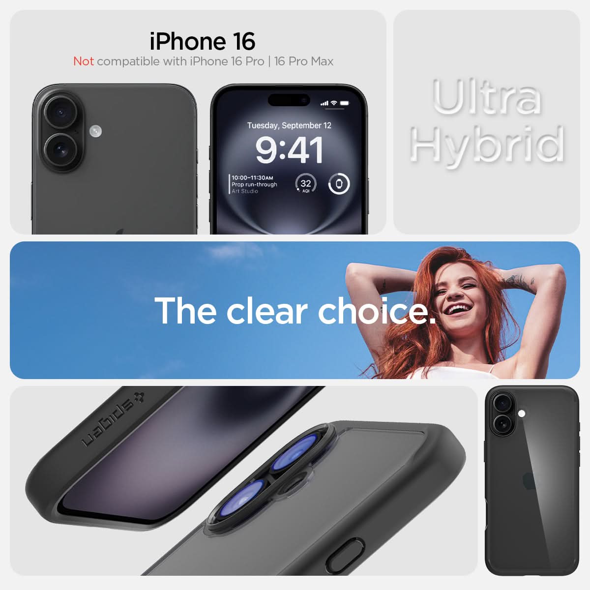 ACS08201 - iPhone 16 Case Ultra Hybrid in Matte Black iPhone 16 plus. not compatible with iPhone 16 pro, 16 pro max. ultra hybrid. the clear choice.
