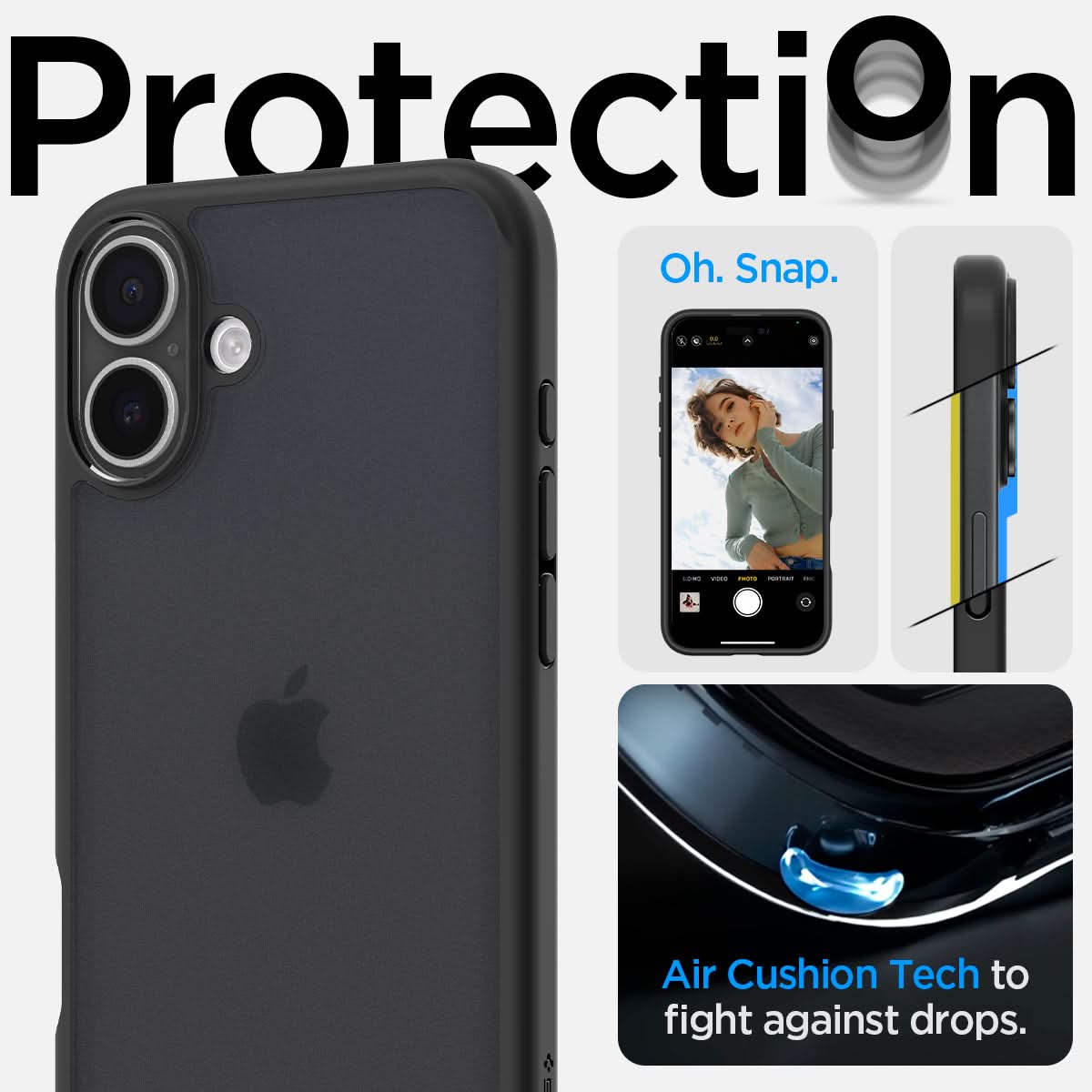 ACS08200 - iPhone 16 Case Ultra Hybrid in Frost Black protection. Oh snap. air cushion tech to fight against drops.
