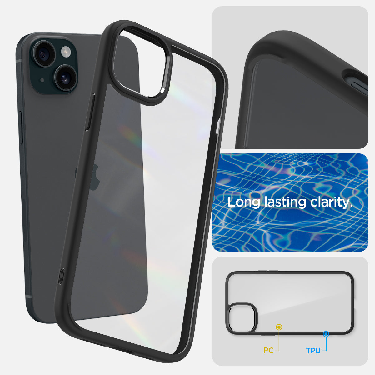 ACS06657 - iPhone 15 Plus Case Ultra Hybrid in matte black showing the long lasting clarity