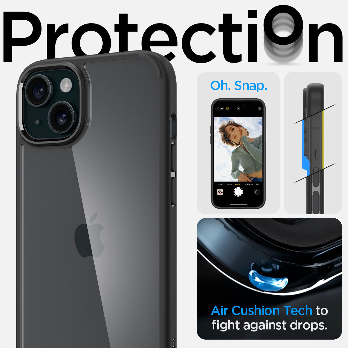 ACS06657 - iPhone 15 Plus Case Ultra Hybrid in matte black showing the air cushion tech to fight against drops