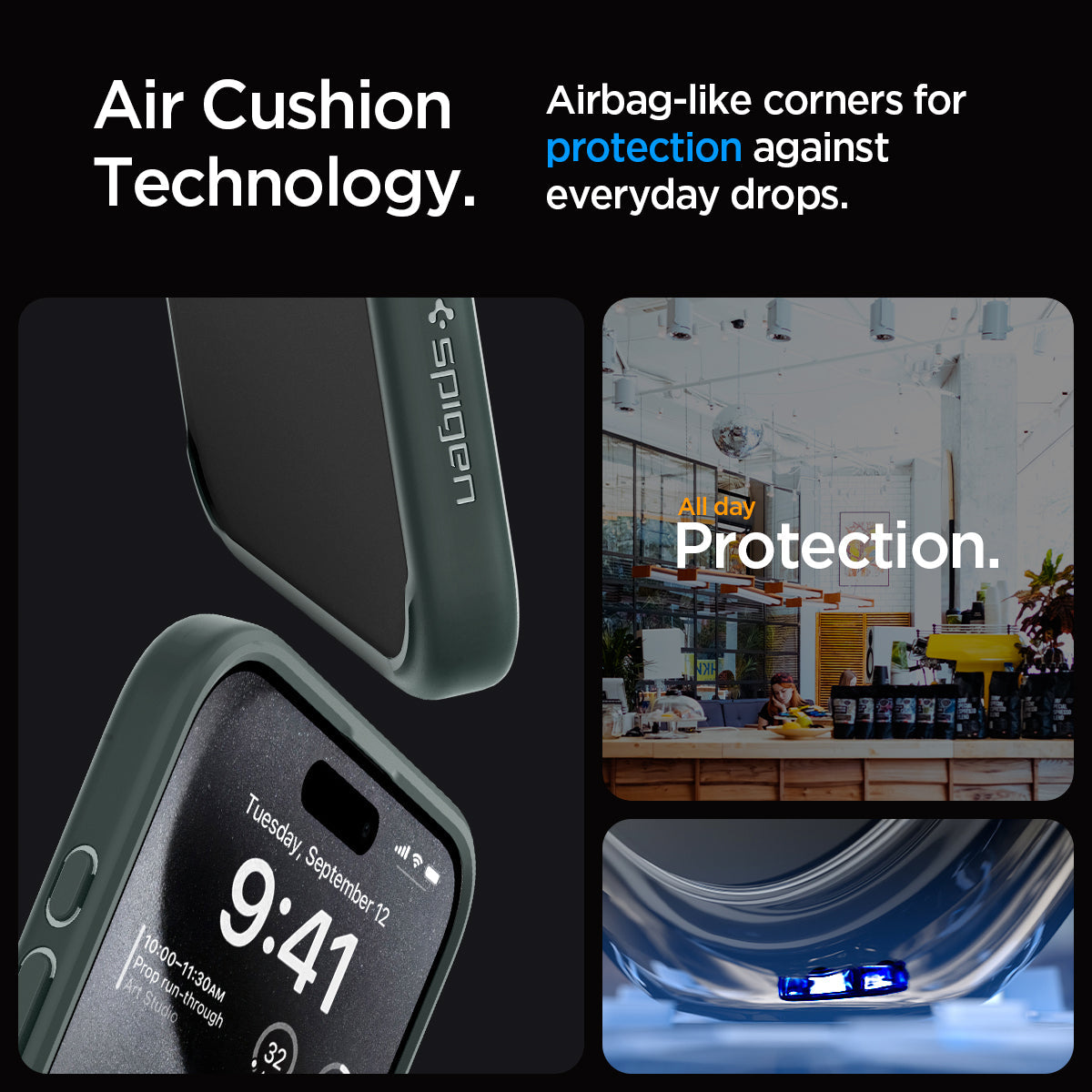 ACS06569 - iPhone 15 Pro Max Case Ultra Hybrid in frost green showing the air cushion technology. Airbag-like corners for protection against everyday drops