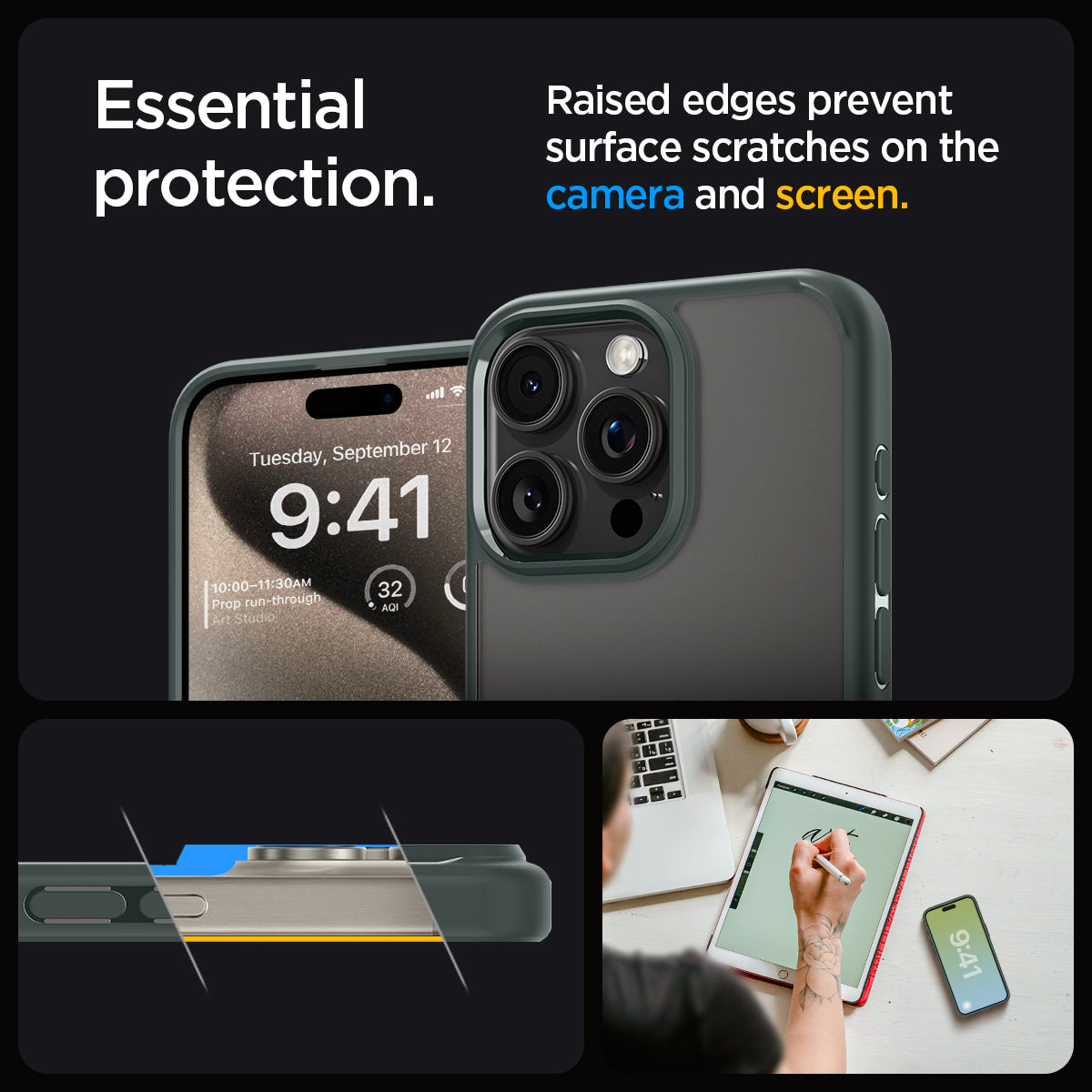 ACS06569 - iPhone 15 Pro Max Case Ultra Hybrid in frost green showing the essential protection. Raised edges prevent surface scratches on the camera and screen