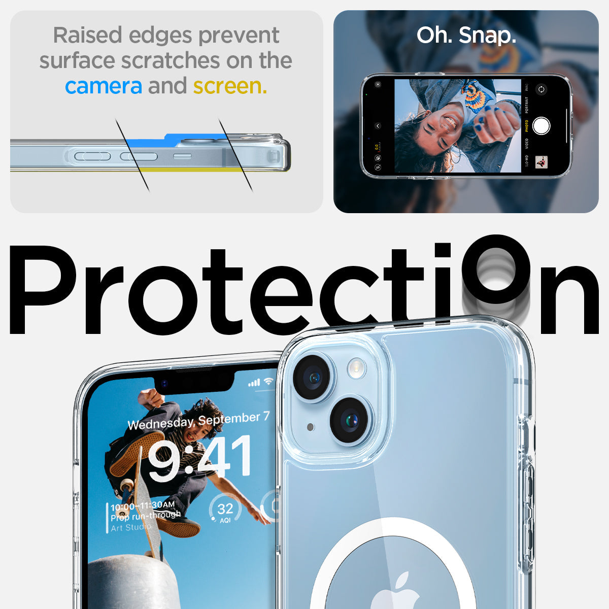 ACS04902 - iPhone 14 Plus Case Ultra Hybrid (MagFit) in white showing raised edges prevent surface scratches on the camera and screen. protection