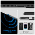 ACS04957 - iPhone 14 Pro Case Liquid Air in matte black showing the sound tunnel tech.