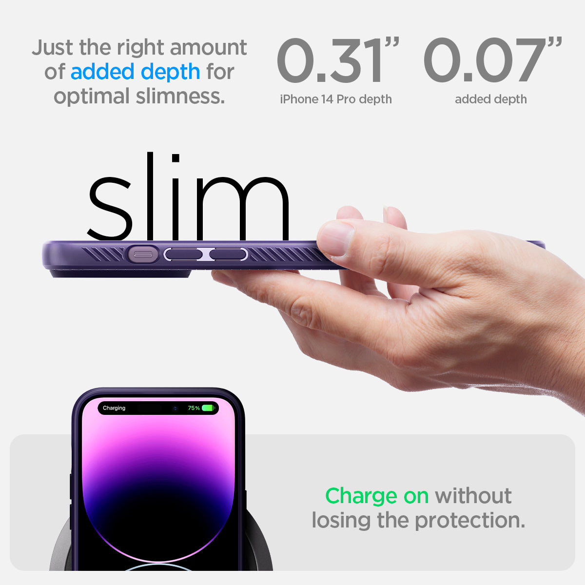 ACS05578 - iPhone 14 Pro Case Liquid Air in deep purple showing just the right amount of added dept for optimal slimness. 0.31" iPhone 14 Pro depth | 0.07" added depth. Slim and charge on without losing the protection