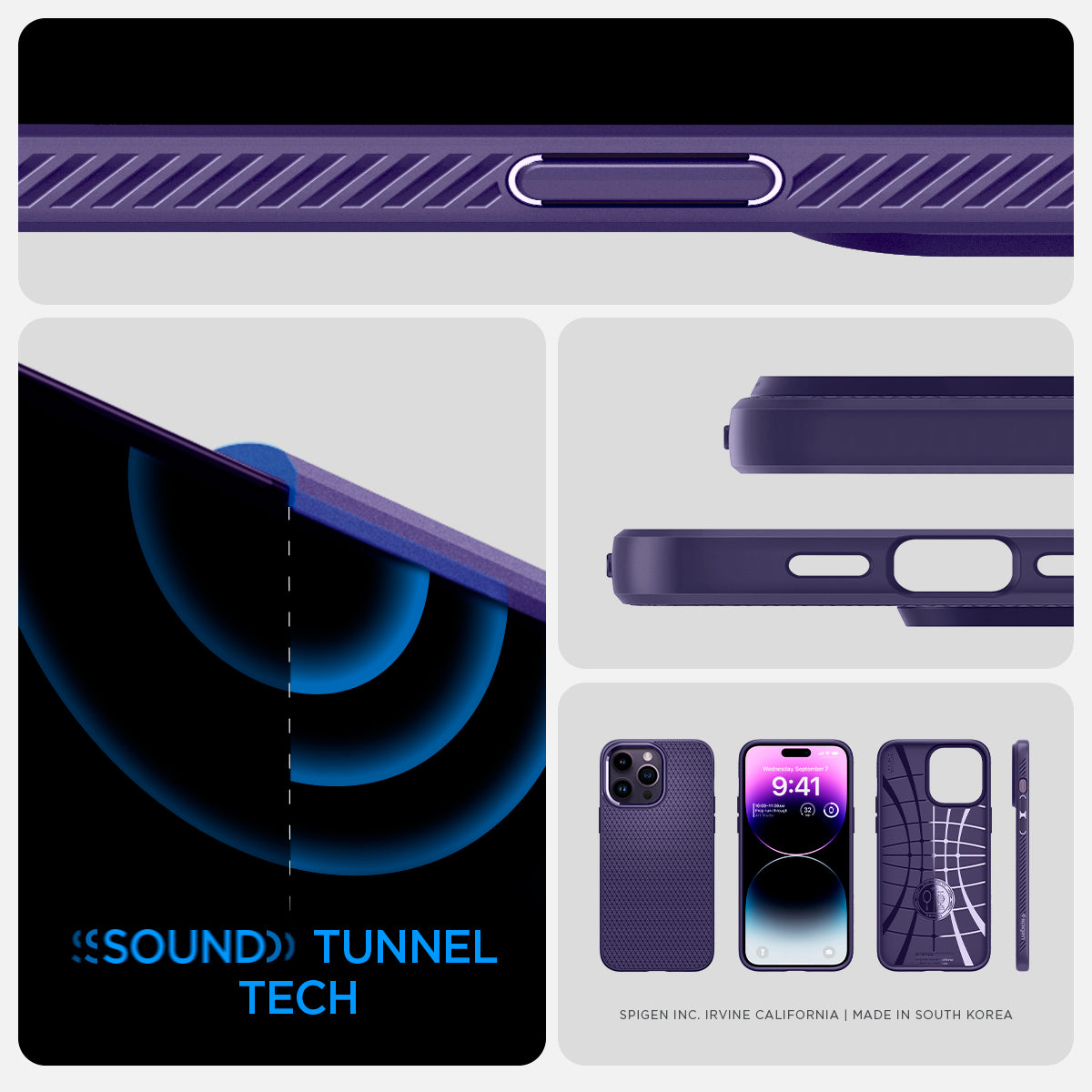 ACS05578 - iPhone 14 Pro Case Liquid Air in deep purple showing the sound tunnel tech.