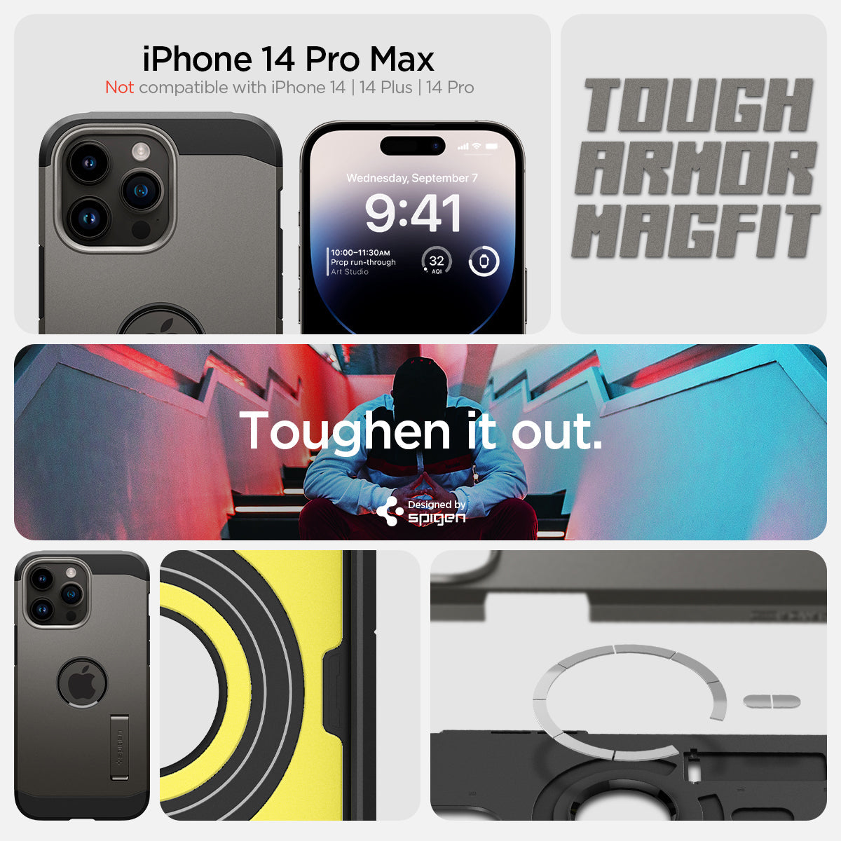 ACS04839 - iPhone 14 Pro Max Case Tough Armor (MagFit) in gunmetal iPhone 14 pro max. Not compatible with iPhone 13, 14plus, 14 pro. Tough armor magfit. toughen it out.