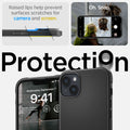 ACS05036 - iPhone 14 Case Rugged Armor (MagFit) in matte black showing raised lips help prevent surfaces scratches for camera and screen. Protection. oh snap.