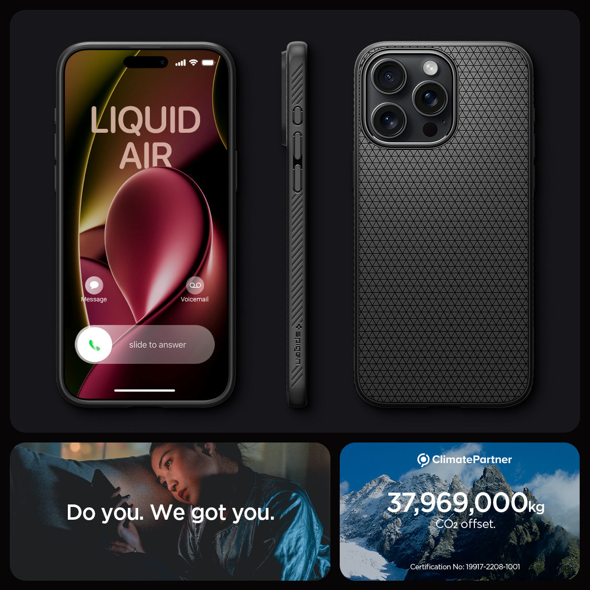 ACS06704 - iPhone 15 Pro Case Liquid Air in matte black showing the different angles. do you. we got you.