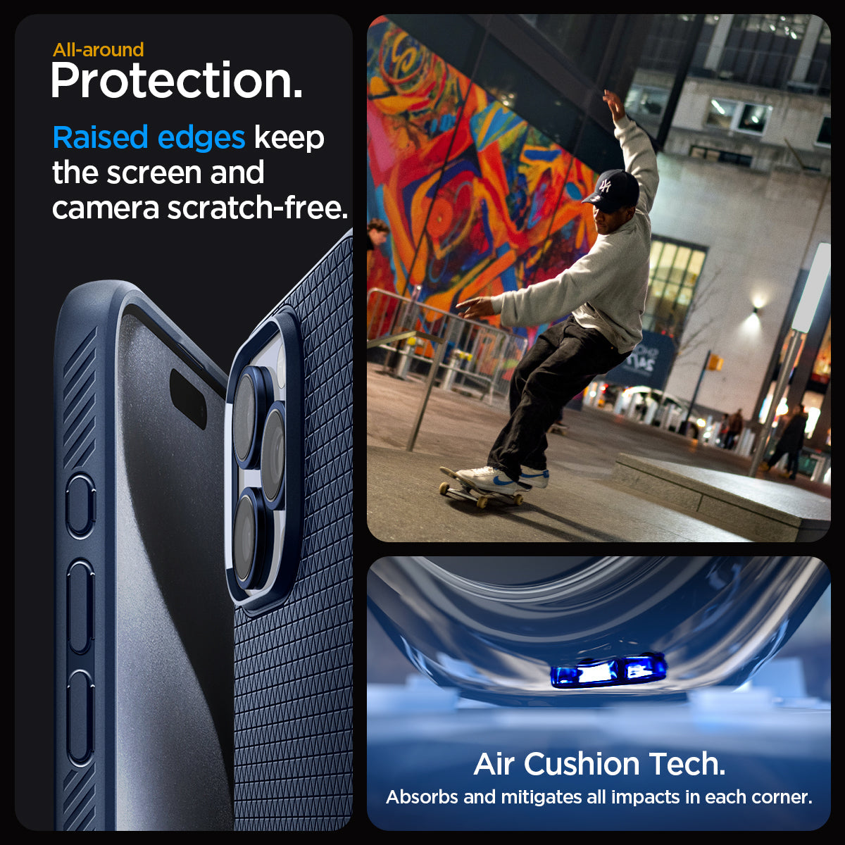 ACS06705 - iPhone 15 Pro Case Liquid Air in navy blue all-around protection. Raised edges keep the screen  and camera scratch-free. Air Cushion Tech. Absorbs and mitigates all impacts in each corner