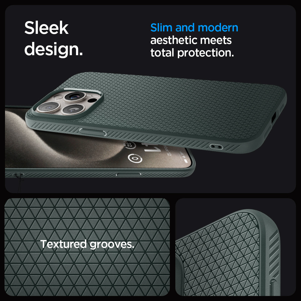 ACS06564 - iPhone 15 Pro Max Case Liquid Air in abyss green sleek design. Slim and modern aesthetic meets total protection with textured grooves