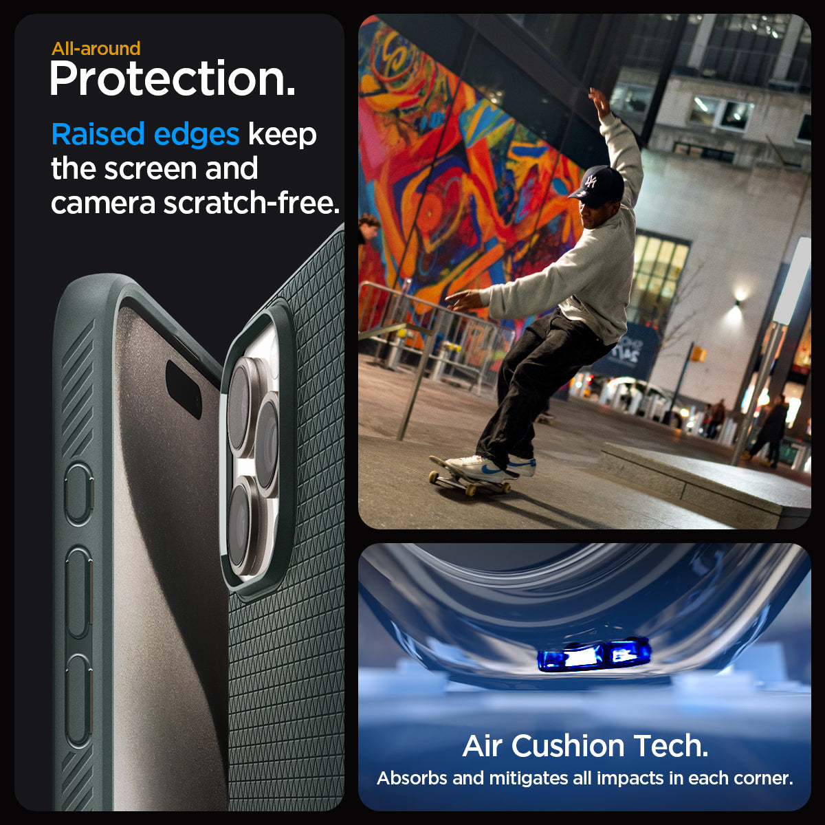 ACS06564 - iPhone 15 Pro Max Case Liquid Air in abyss green all-around protection. Raised edges keep the screen  and camera scratch-free. Air Cushion Tech. Absorbs and mitigates all impacts in each corner