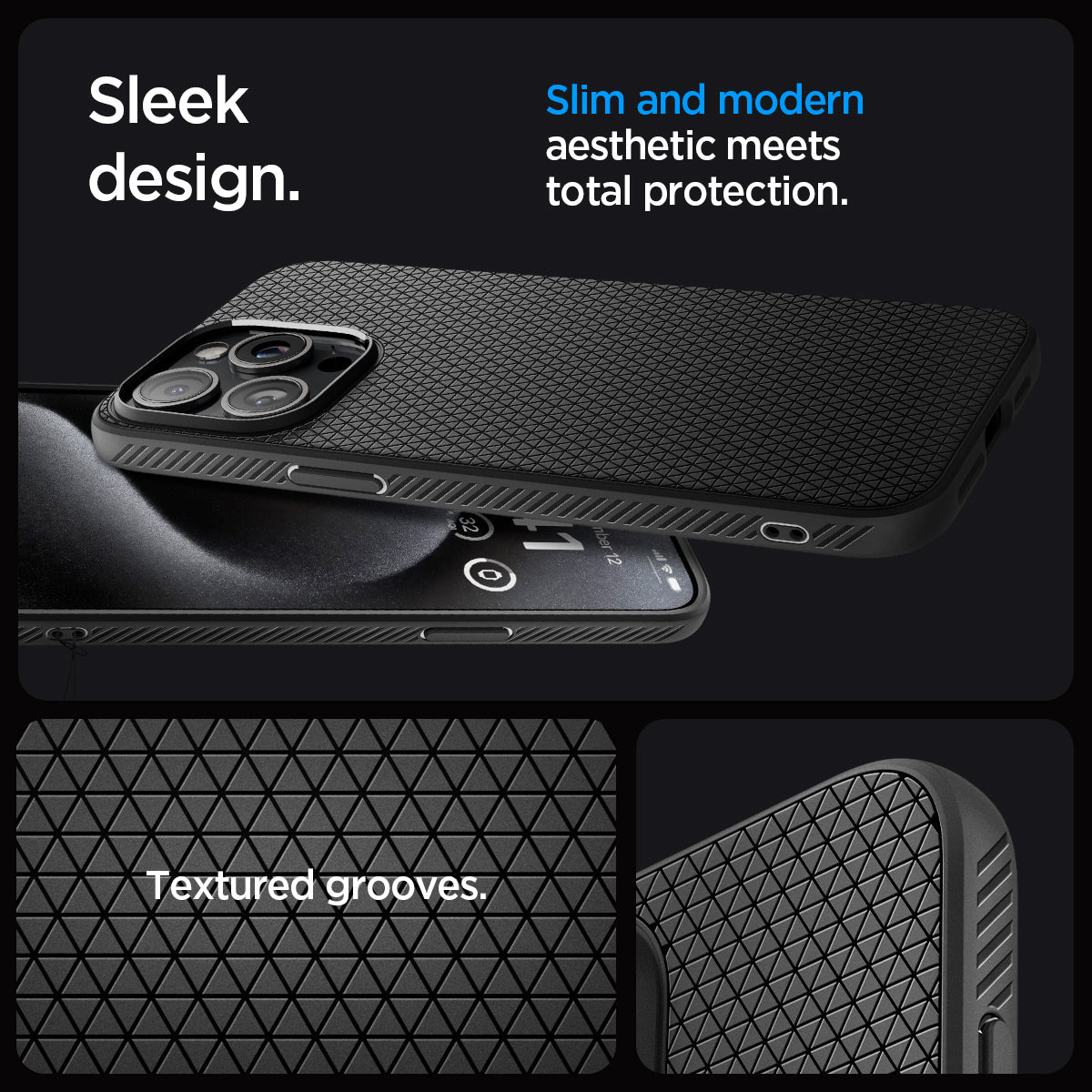 ACS06562 - iPhone 15 Pro Max Case Liquid Air in matte black sleek design. Slim and modern aesthetic meets total protection with textured grooves