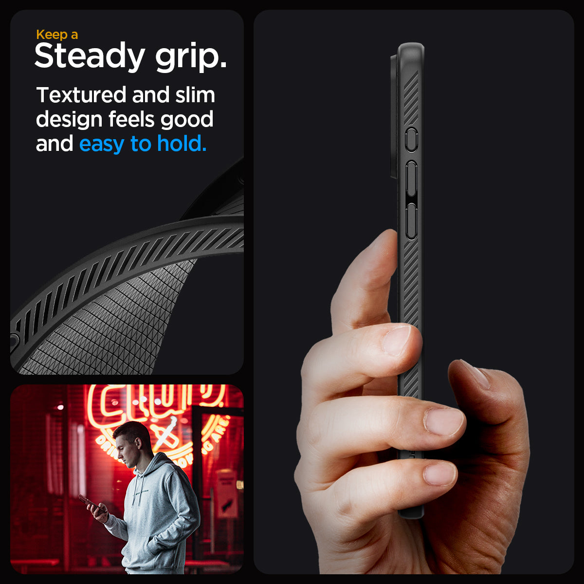 ACS06562 - iPhone 15 Pro Max Case Liquid Air in matte black showing the steady grip. Textured and slim design feels good and easy to hold