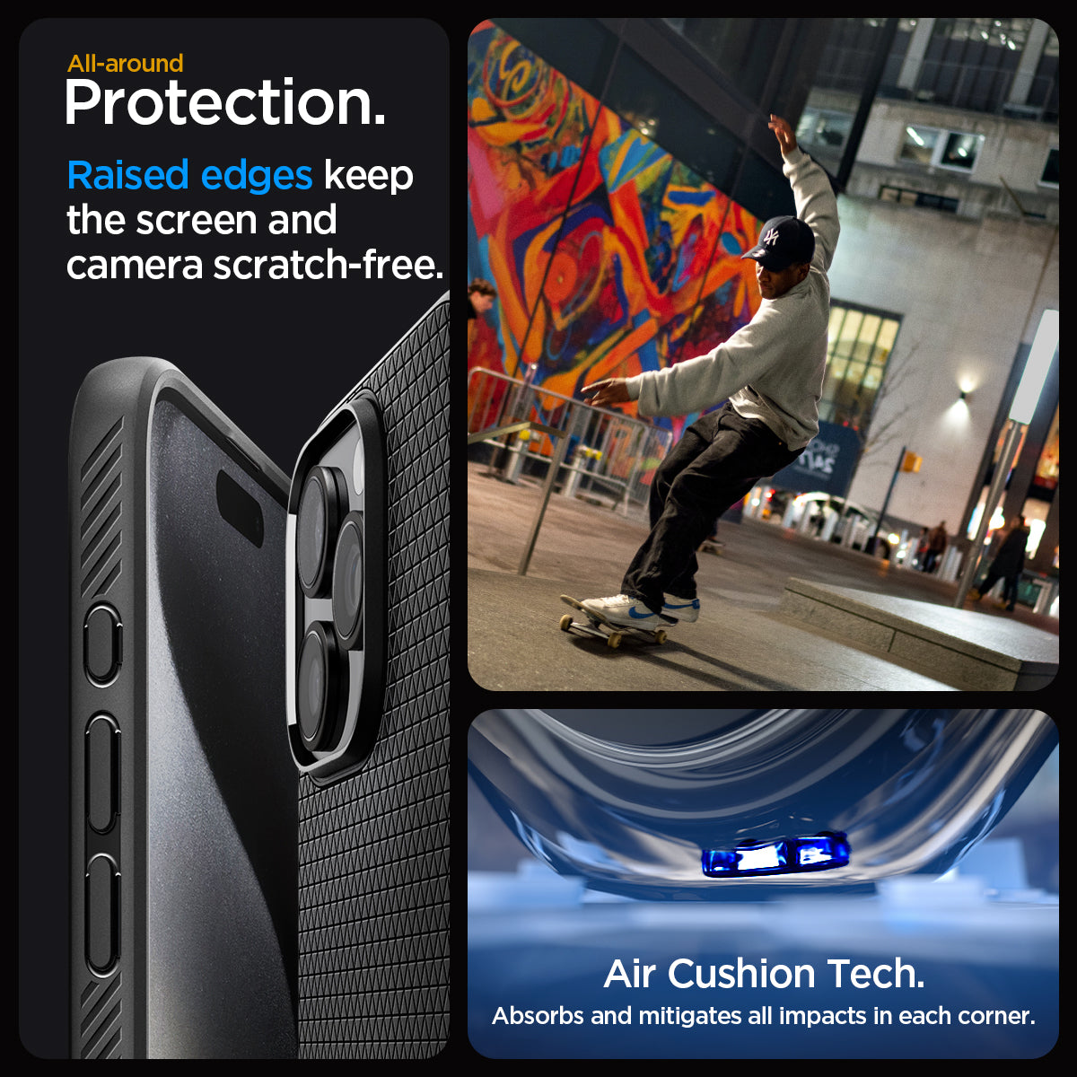 ACS06562 - iPhone 15 Pro Max Case Liquid Air in matte black all-around protection. Raised edges keep the screen  and camera scratch-free. Air Cushion Tech. Absorbs and mitigates all impacts in each corner