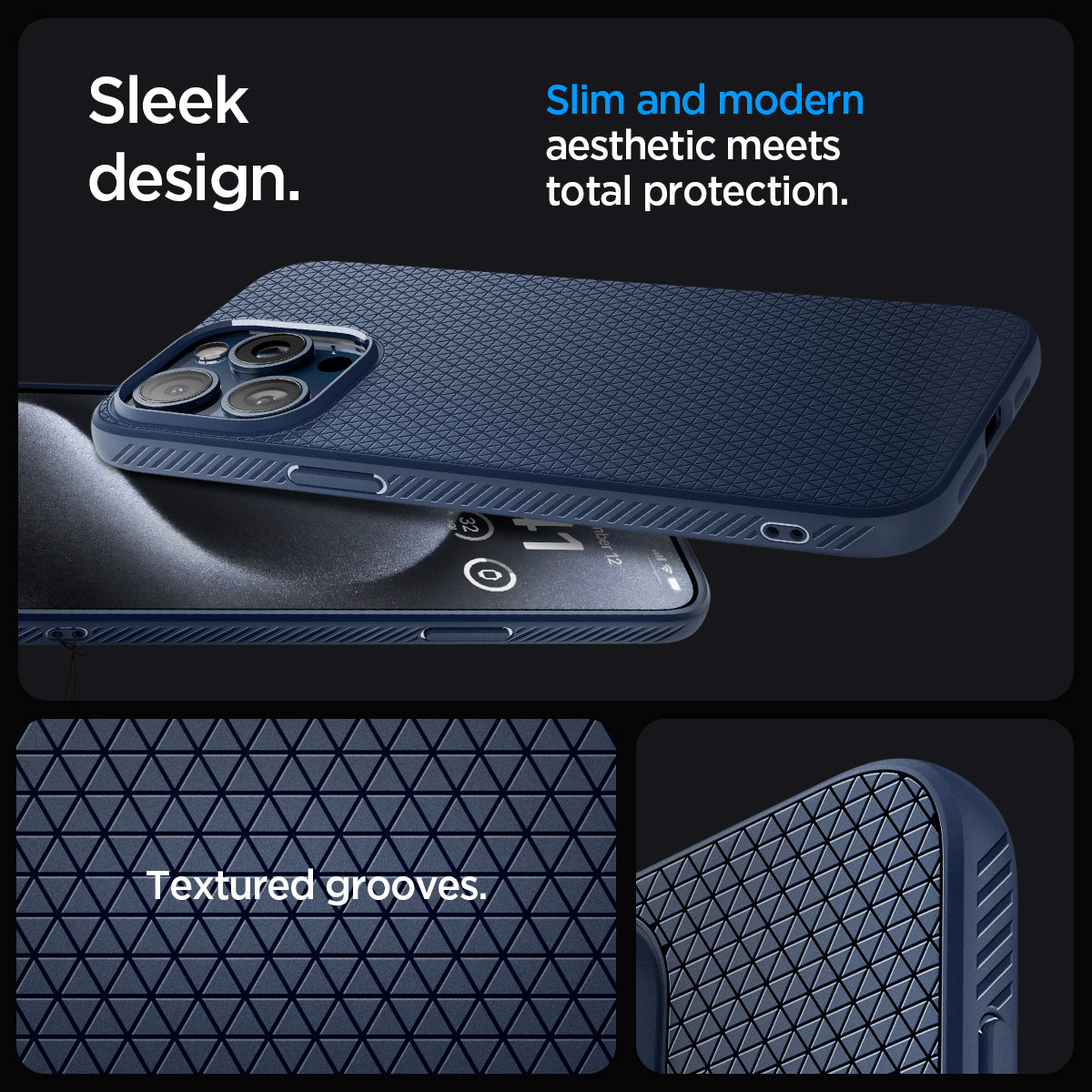 ACS06563 - iPhone 15 Pro Max Case Liquid Air in navy blue sleek design. Slim and modern aesthetic meets total protection with textured grooves
