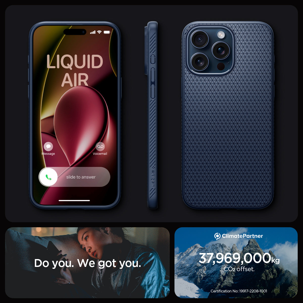 ACS06563 - iPhone 15 Pro Max Case Liquid Air in navy blue showing the different angles. do you. we got you.
