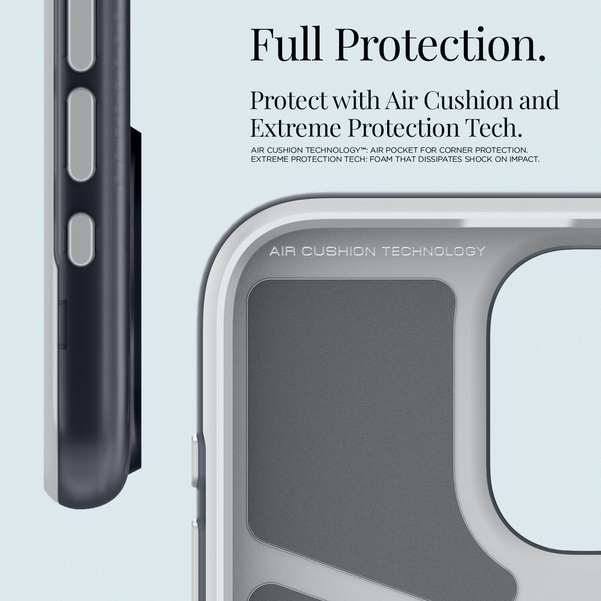 ACS06742 - iPhone 15 Pro Case Classic C1 (MagFit) in graphite full protection. protect with air cushion and extreme protection tech. aircushion technology, air pocket for corner protection. extreme protection tech, foam that dissipates shock on impact.