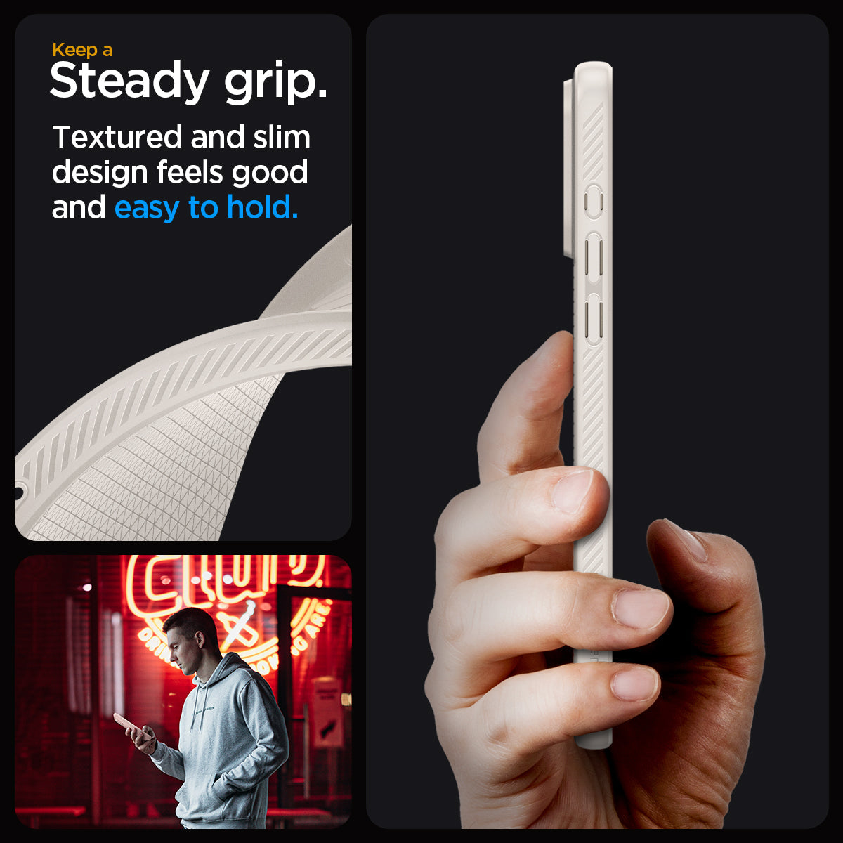 ACS07217 - iPhone 15 Pro Case Liquid Air in Natural Titanium showing the steady grip. Textured and slim design feels good and easy to hold