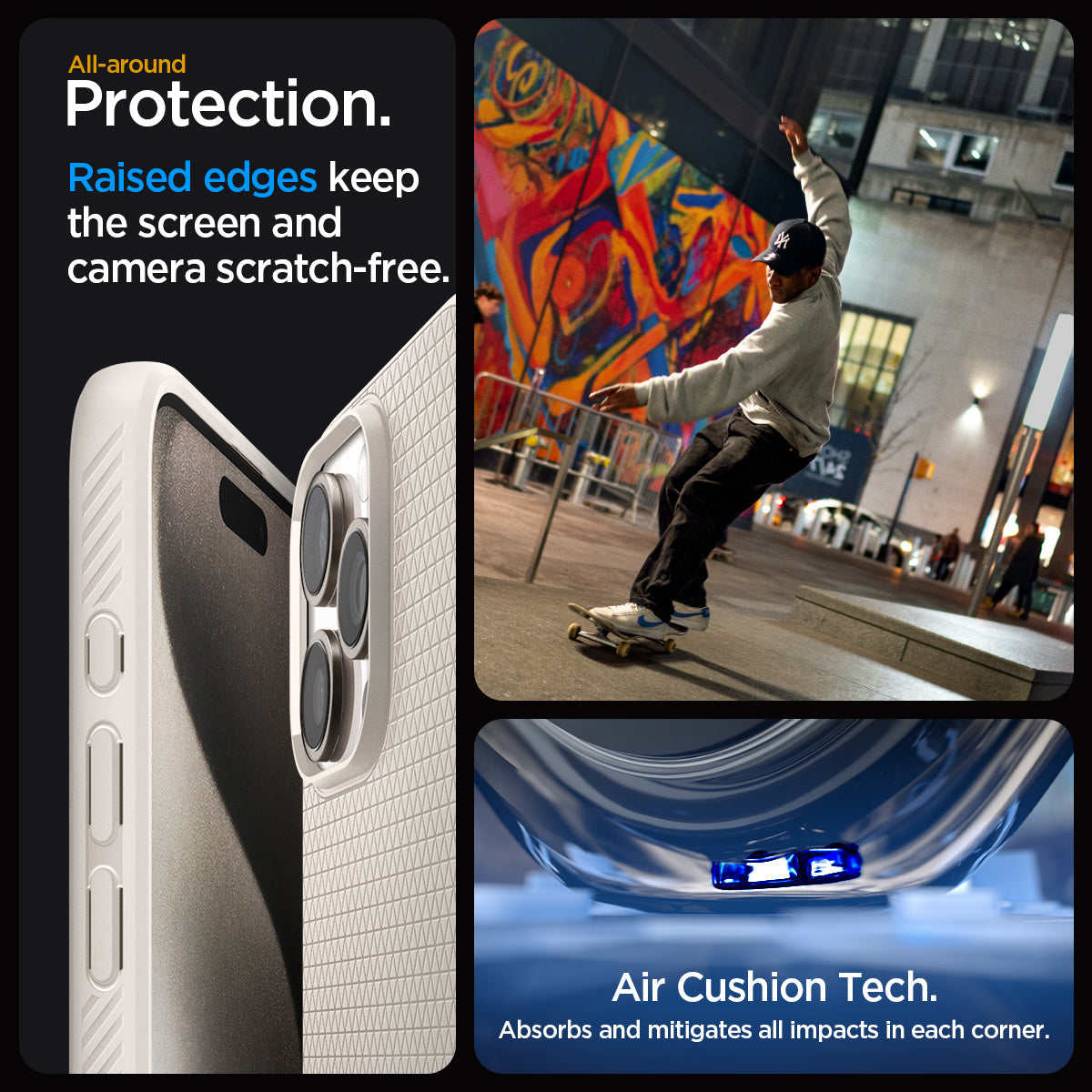 ACS07217 - iPhone 15 Pro Case Liquid Air in Natural Titanium all-around protection. Raised edges keep the screen  and camera scratch-free. Air Cushion Tech. Absorbs and mitigates all impacts in each corner