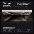 ACS07217 - iPhone 15 Pro Case Liquid Air in Natural Titanium showing the slim, yet durable. Just the right amount of added depth for optimal slimness. Spigen's thinnest case with all the right components for protection. 26x drop amount, 48