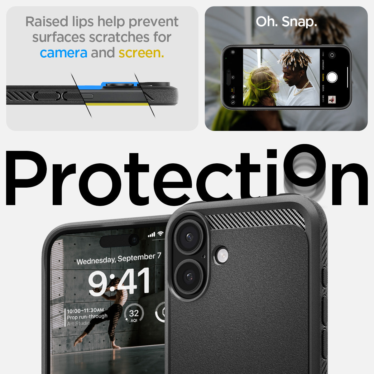 ACS08087 - iPhone 16 Plus Case Rugged Armor (MagFit) in Matte Black showing the raised lips help prevent surfaces scratches for camera and screen