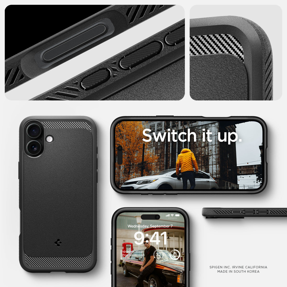 ACS08087 - iPhone 16 Plus Case Rugged Armor (MagFit) in Matte Black showing the different angles