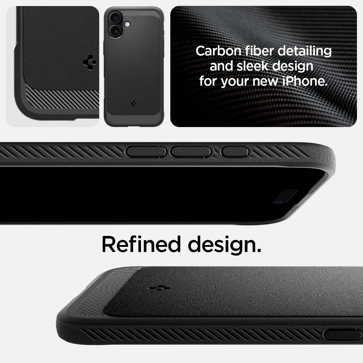 ACS08214 - iPhone 16 Case Rugged Armor (MagFit) in Matte Black showing the carbon fiber detailing and sleek design for your new iPhone. Refined design