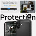 ACS08214 - iPhone 16 Case Rugged Armor (MagFit) in Matte Black showing the raised lips help prevent surfaces scratches for camera and screen