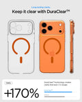 ACS11110 - iPhone 17 Pro Ultra Hybrid (MagFit) in Clear Orange showing long lasting clarity. keep it clear with duraclear.