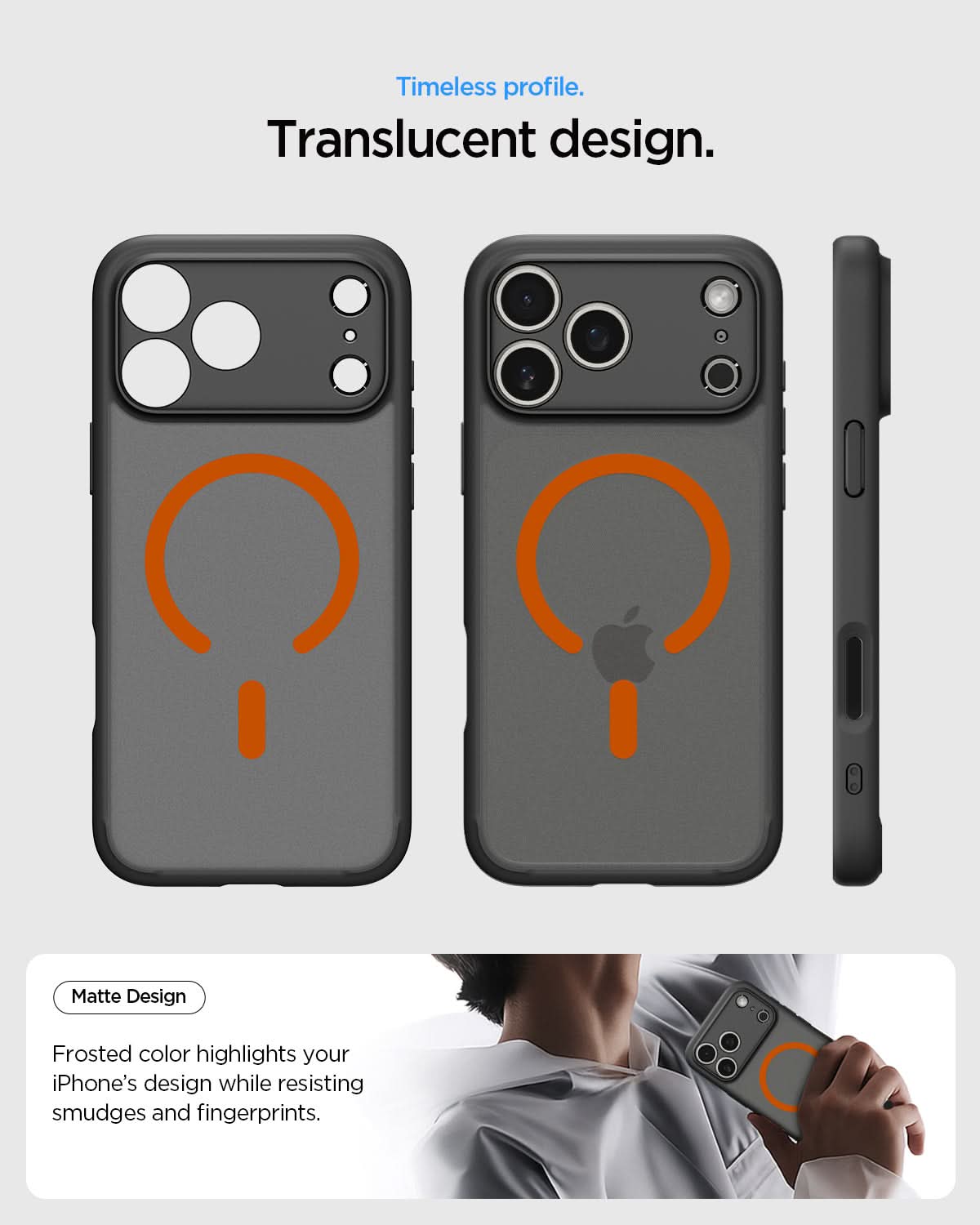 ACS10480 - iPhone 17 Pro Max Ultra Hybrid (MagFit) in Frost Black Orange showing long lasting clarity. keep it clear with duraclear.