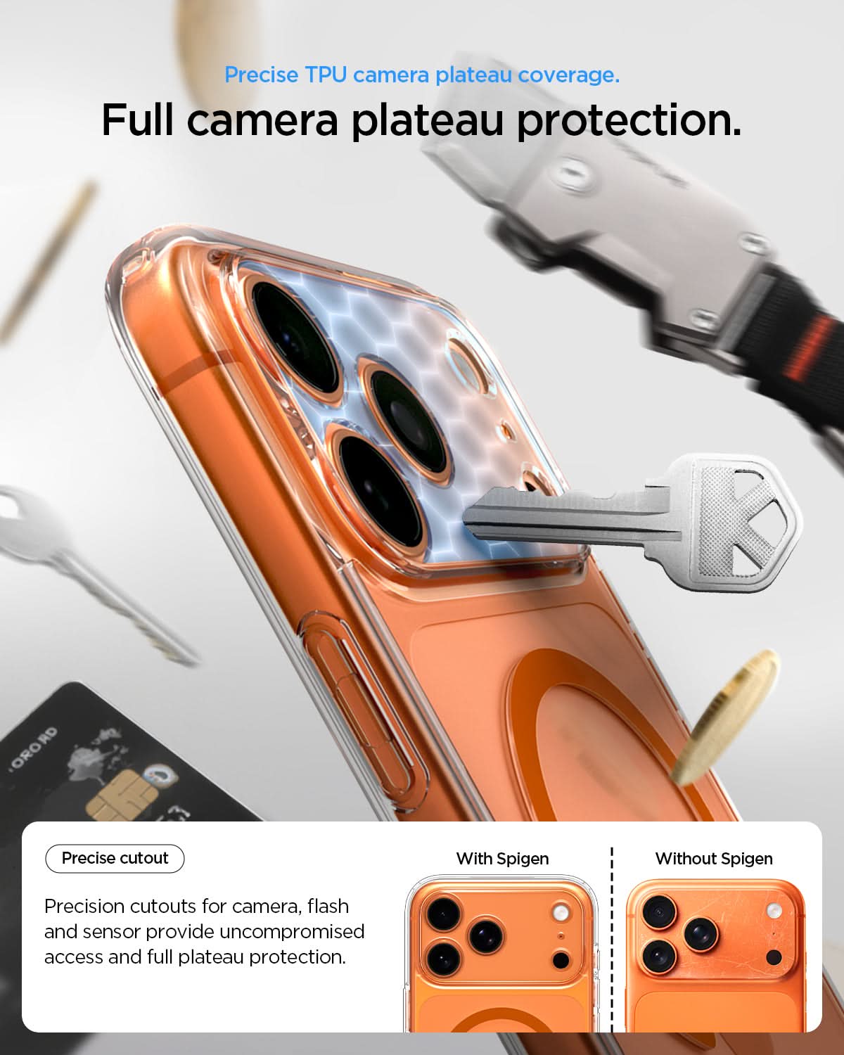 ACS11110 - iPhone 17 Pro Ultra Hybrid (MagFit) in Clear Orange showing precise TPU camera plateau coverage. full camera plateau protection.