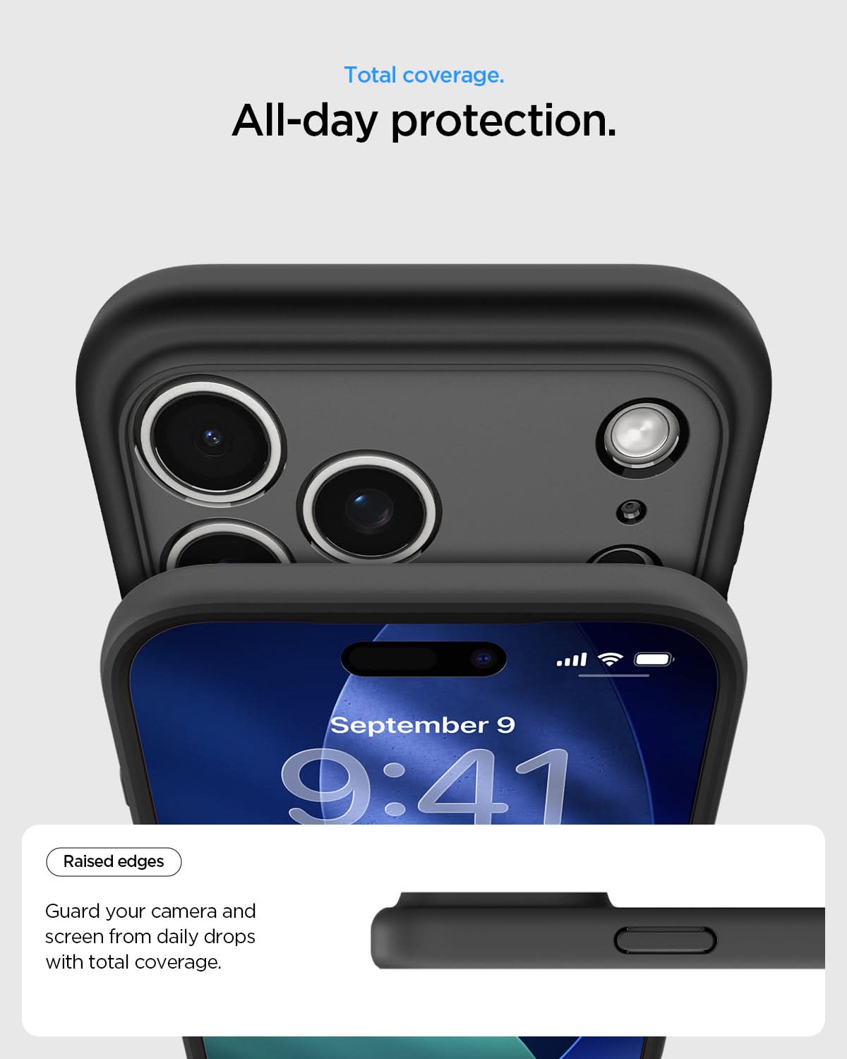 ACS10480 - iPhone 17 Pro Max Ultra Hybrid (MagFit) in Frost Black Orange showing total coverage. all day protection. raised edges guard your camera and screen from daily drops with total coverage.