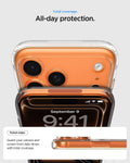 ACS11110 - iPhone 17 Pro Ultra Hybrid (MagFit) in Clear Orange showing total coverage. all day protection. raised edges guard your camera and screen from daily drops with total coverage.