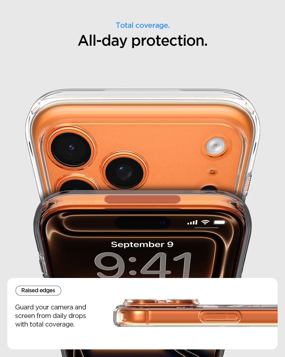 ACS11110 - iPhone 17 Pro Ultra Hybrid (MagFit) in Clear Orange showing total coverage. all day protection. raised edges guard your camera and screen from daily drops with total coverage.